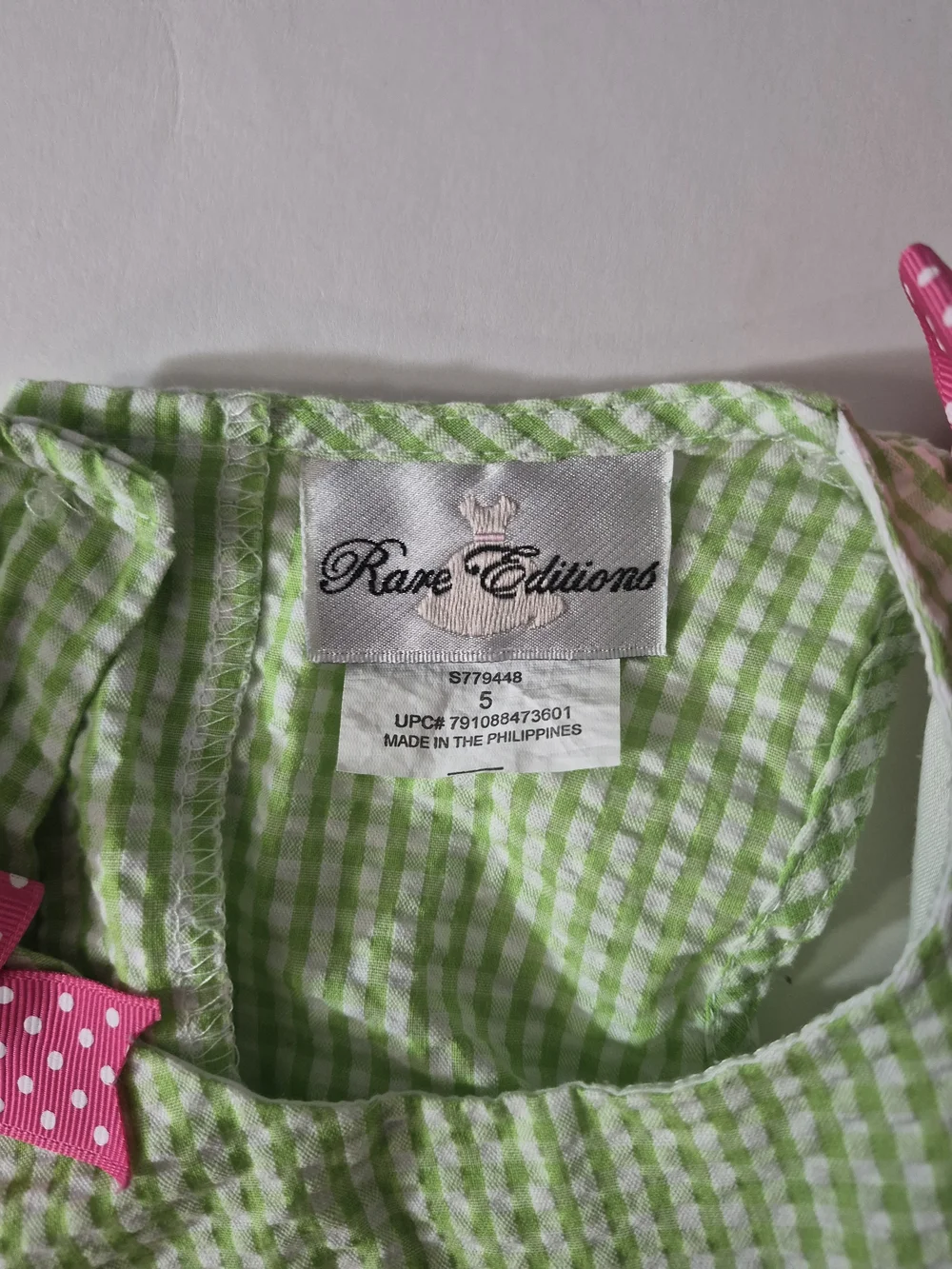 Rare Editions Light Green Seersucker Dress with Pink Bow & Watermelon Pockets